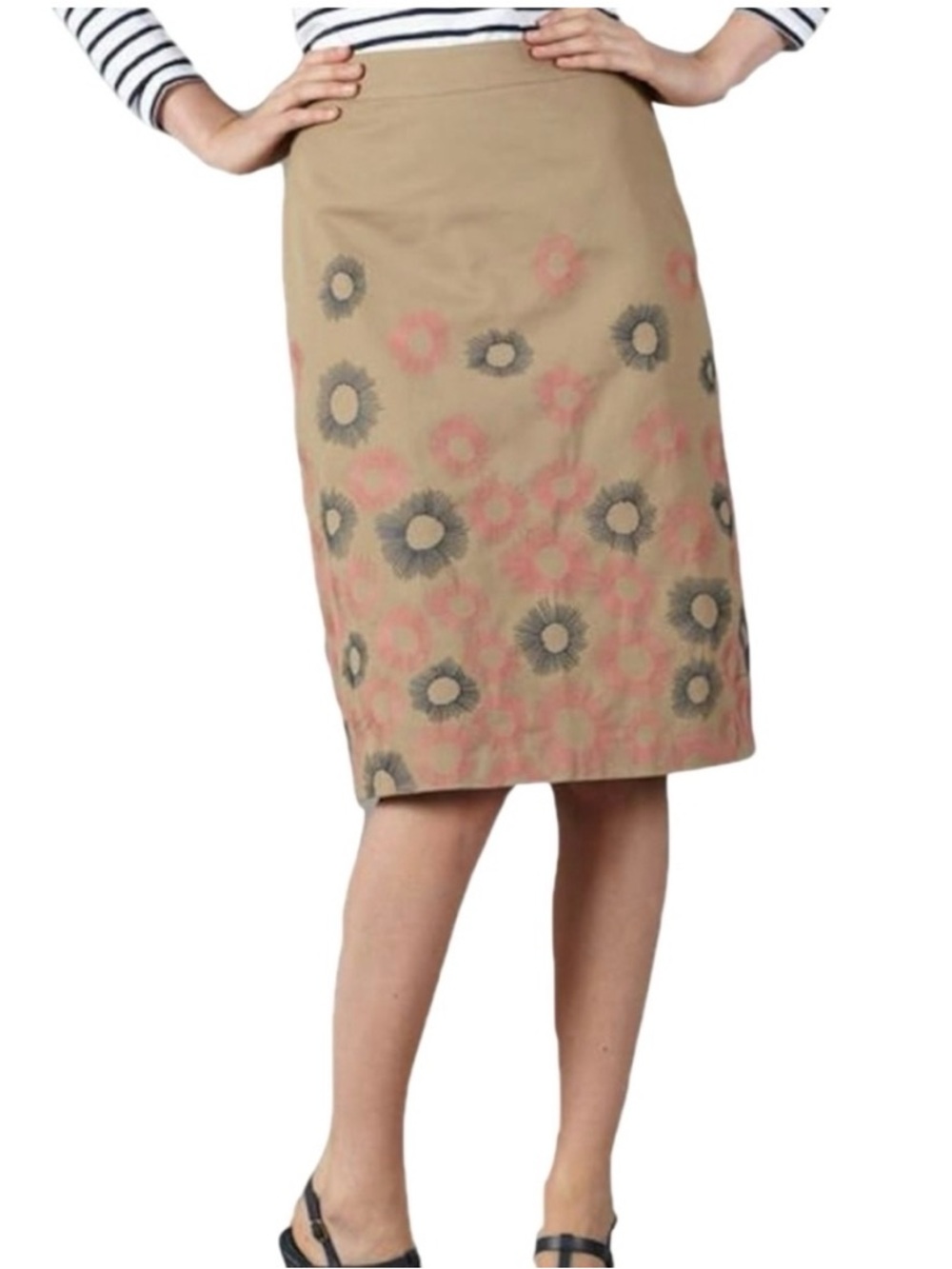 Boden Khaki Floral Embroidered A-Line Skirt Preppy Casual Office Size 6L